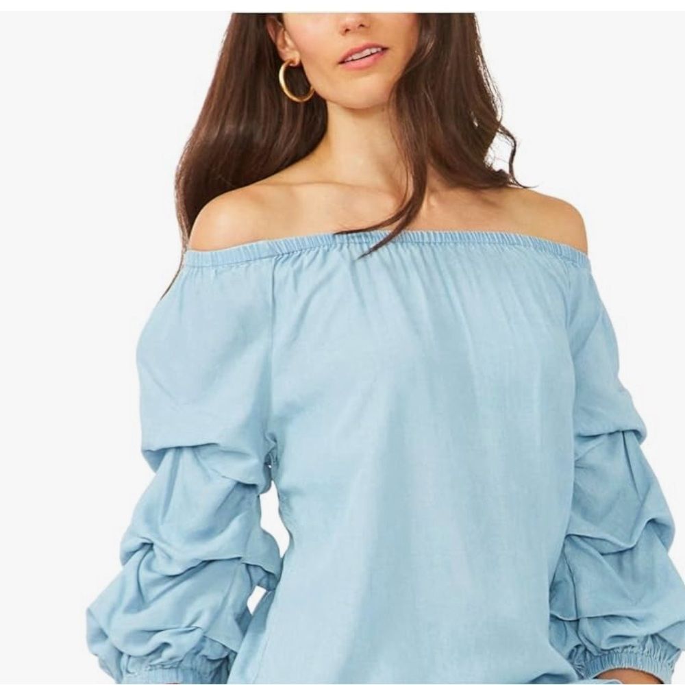 Chambray tiered balloon sleeve off the shoulder top